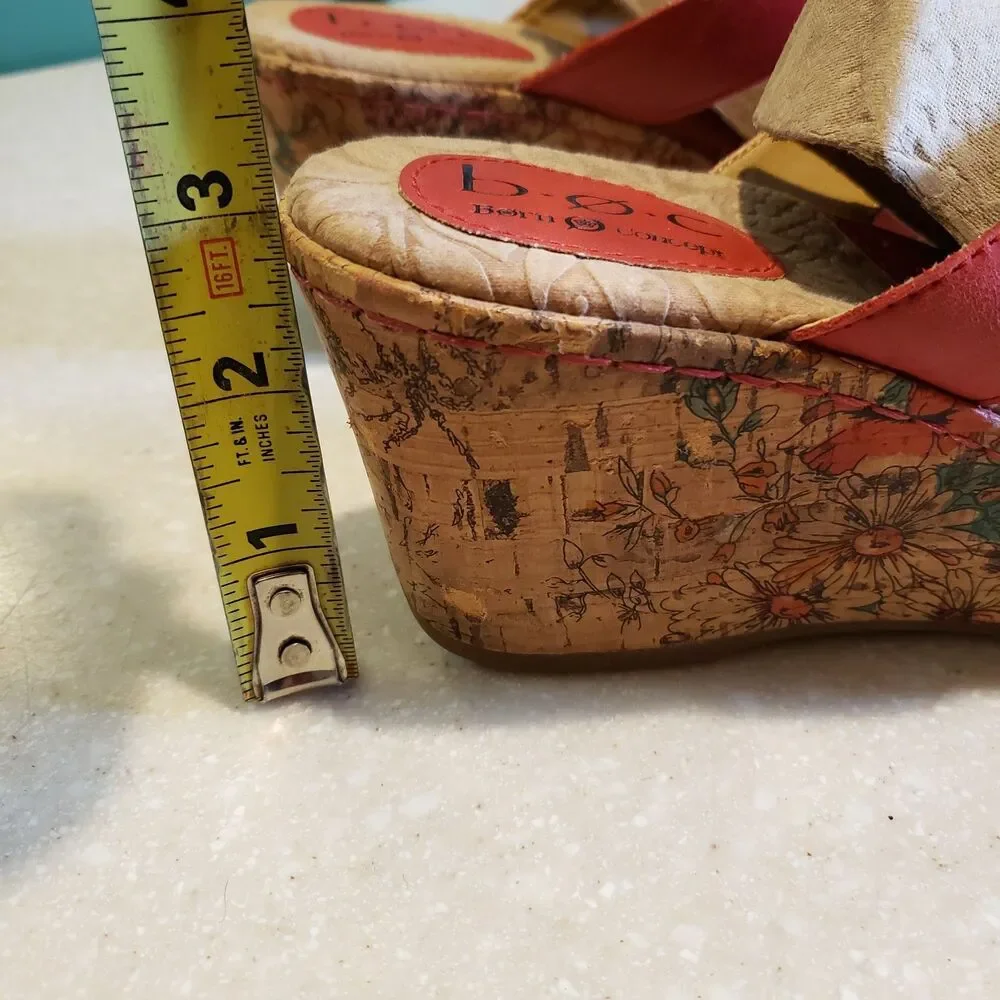 BOC Born Concept Wedge Sandals Sz 9M Red Leather Floral Cork Heels Slip On EUC